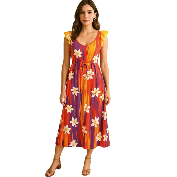 VINTAGE 80s HAWAIIAN Rayon Dress S V-Neck Ruffle Sleeves RAINBOW Red purple 2 4 - Picture 1 of 9